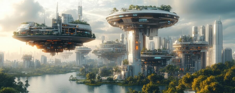 Floating futuristic city, interconnected platforms with high-tech buildings and green spaces, 3D illustration