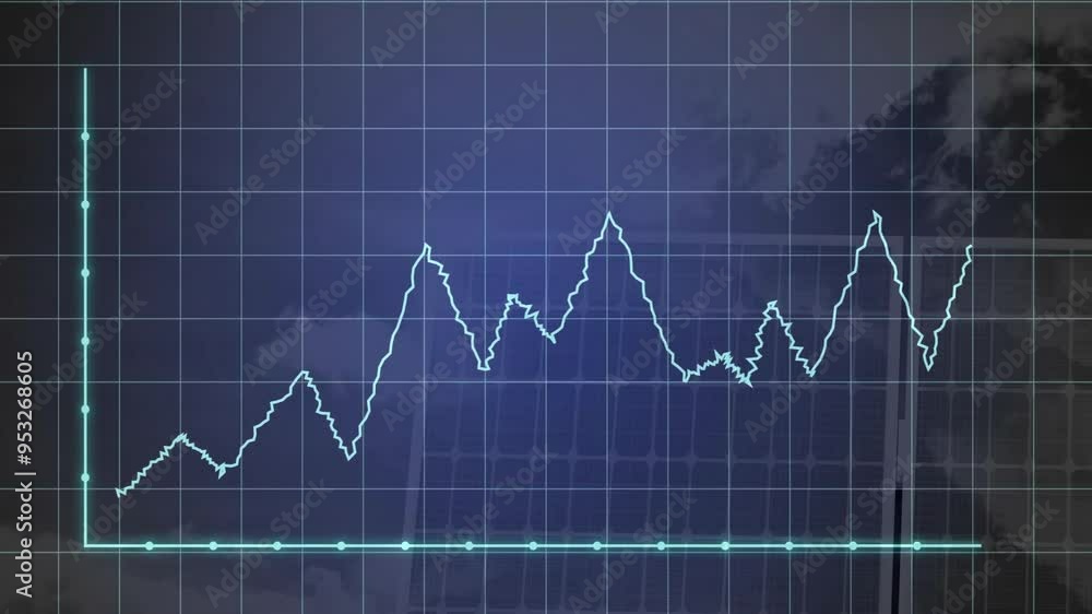 Poster fluctuating line graph animation over grid background with subtle world map