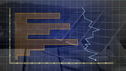 Bar and line graph animation over solar panels and financial data - Powered by Adobe