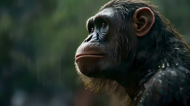 Video recreation of hominid face looking with surprise the rain falling in the jungle