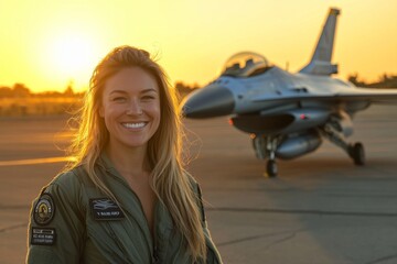 Smiling female air force pilot posing in front of fighter jet at sunset