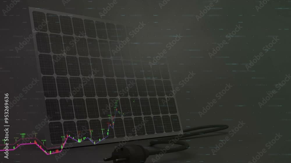 Poster solar panel with power plug and financial data chart animation