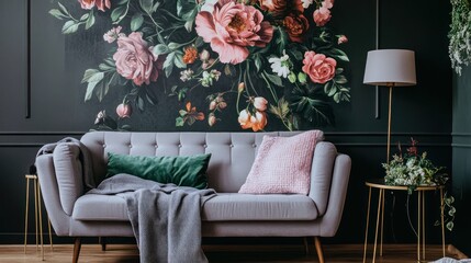 Elegant Living Room Interior with Floral Wallpaper