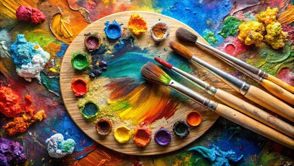 Colorful oil paint palette with used brushes