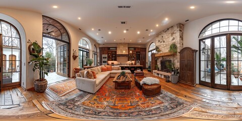 Obraz premium An immersive 360-degree equirectangular projection spherical panorama of a secure home, showcasing smart locks, surveillance cameras, and biometric