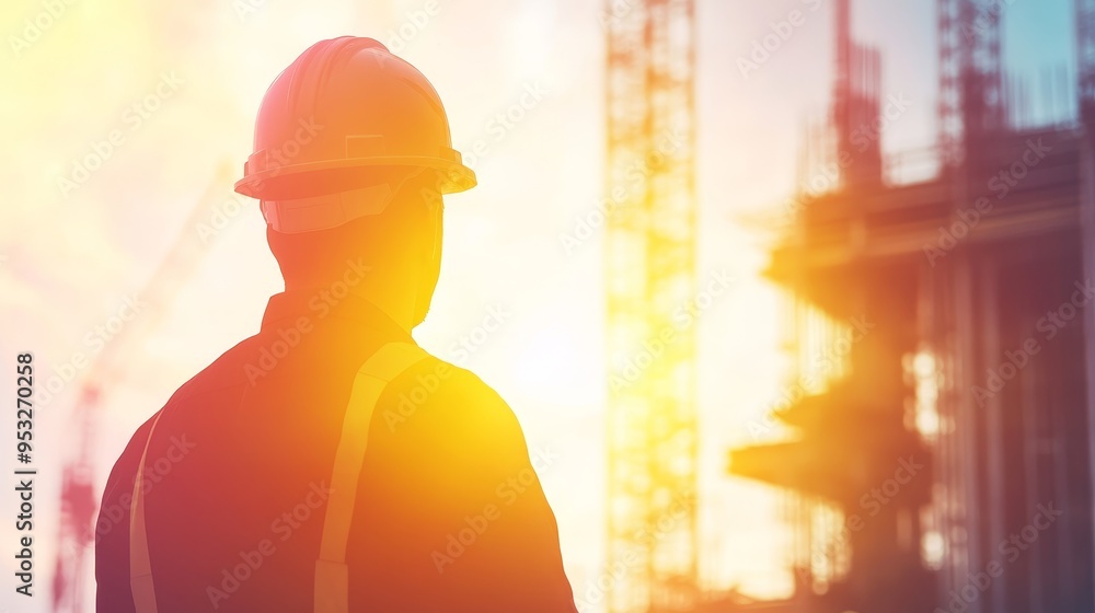 Wall mural a construction worker observes a building site at sunset, symbolizing hard work and progress in the 