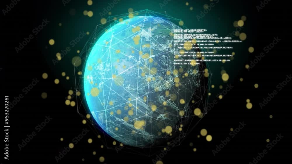 Poster rotating earth with data processing animation and golden particles over black background