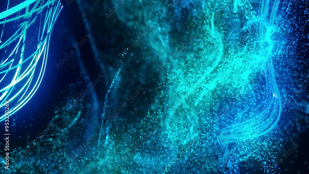 Poster abstract blue particles forming dynamic shapes, digital data visualization animation