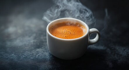 A steaming cup of freshly brewed coffee on a dark surface capturing morning warmth and aroma