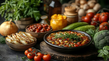 Close-up of a bowl of vegetable stew with fresh herbs, tomatoes, and a wooden cutting board.
