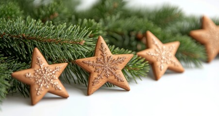 Decorative golden stars placed on a snowy pine branch during the winter season