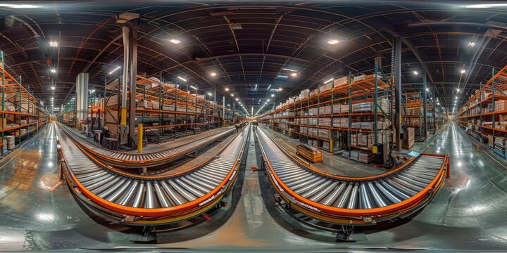 An immersive 360-degree panorama of a high-tech logistics center, where conveyor belts crisscross through towering racks of merchandise