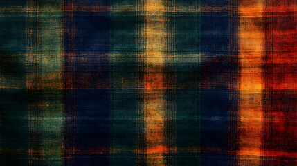 Fototapeta premium Closeup of a checkered fabric with dark blue, green, and orange hues, with visible texture and weave.