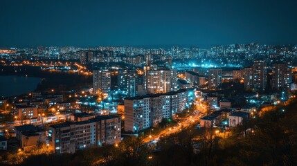 Obraz premium Nighttime Cityscape with Bright Lights and a River