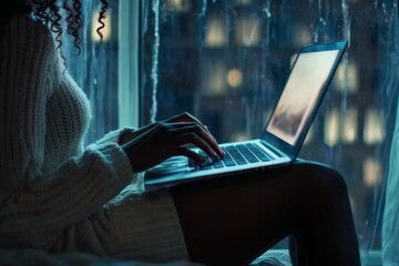 Young woman sitting by window working remotely on laptop at night