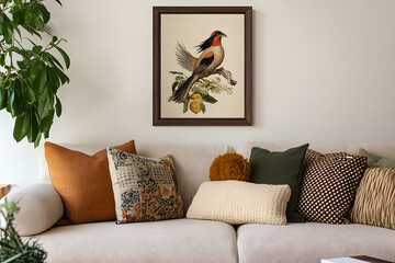 Cozy living room with a beige sofa adorned with textured and patterned pillows. A framed art piece depicting a bird and a woman hangs on the wall. A potted plant and book add to the serene atmosphere.