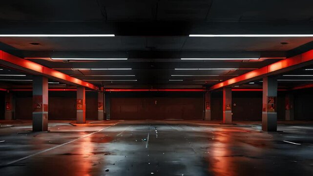 An empty underground parking lot with red neon lights.
