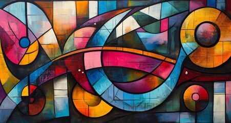 Fototapeta premium Colorful abstract mural featuring vinyl records and musical notes on a vibrant background