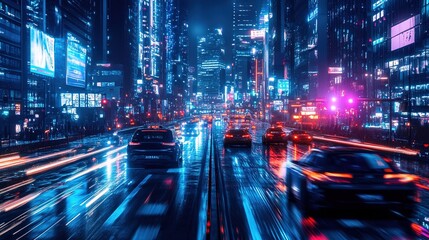 Obraz premium A lively urban street scene at night, bathed in neon lights. The high-rise buildings are adorned with bright, colorful advertisements and electronic billboards. The wet road reflects the vivid lights 