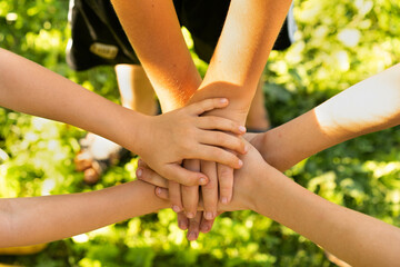 children holding hands, standing on the green grass, the concept of friendship and a group of young...
