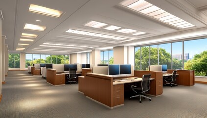 A large open-plan office with desks and computers