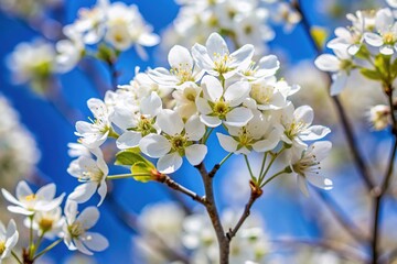 Fototapeta premium Delicate white blossoms adorn the branches of a serviceberry tree against a soft blue sky, signaling the arrival of spring in the natural world.
