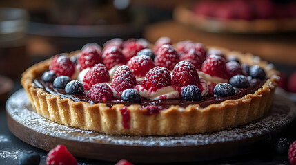 Closeup of a delicious raspberry and blueberry tart with chocolate filling.