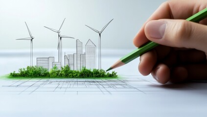 sketch in green pencil on a white paper background featuring an architectural plan of buildings