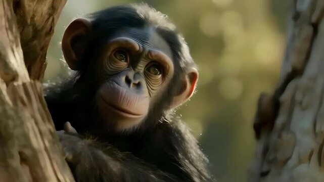 Video Recreation of a hominid babe as chimpanzee in a tree