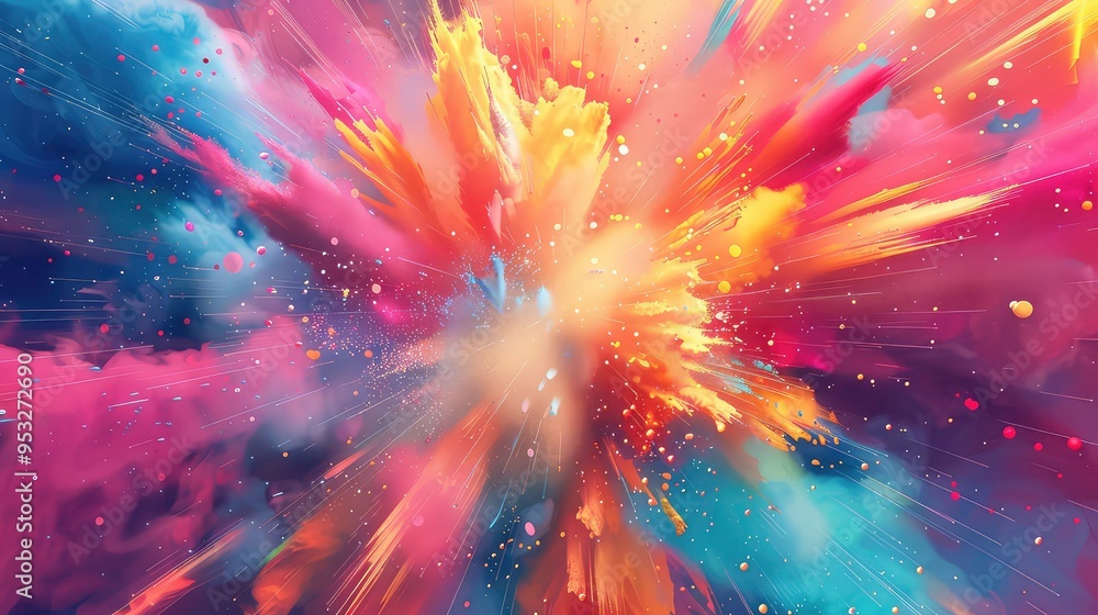 Poster a vibrant abstract explosion of color with streaks of light, forming a colorful, bright and chaotic 