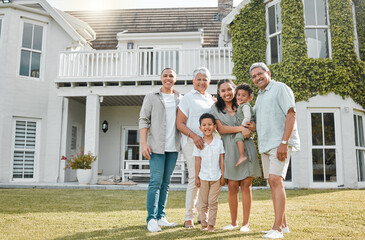 Mother, father and big family portrait outdoor with smile, love and care on front lawn or yard....