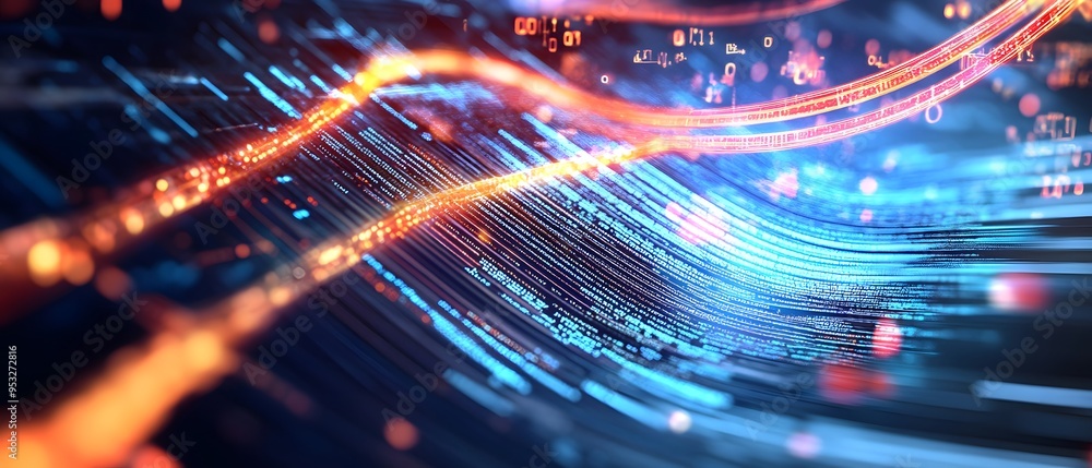 Aufkleber abstract digital data stream with red and blue lines.