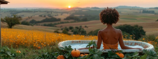 black , african american woman in outdoor bath in blurred autumn background. take care of yourself, unity with nature concept. moments of relax. banner