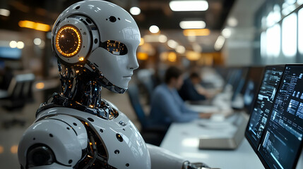 Fototapeta premium Close-up of a futuristic robot's head in an office setting.