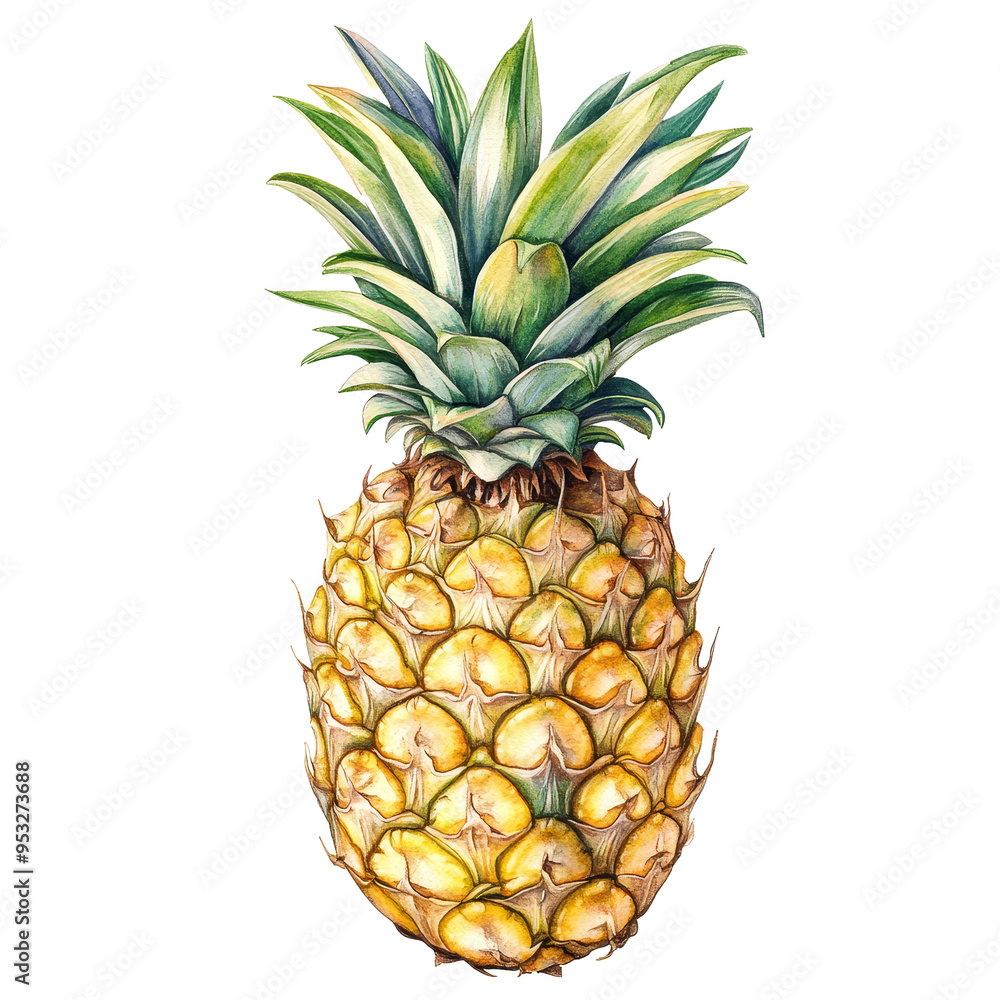 Wall mural This watercolor artwork shows a ripe pineapple with vibrant green leaves and a bright yellow exterior, ananas in drawing style on transparent background