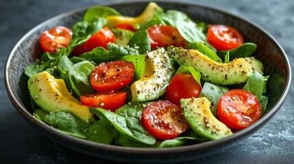 Fresh spinach and tomato salad with avocado in a rustic bowl on a dark kitchen countertop