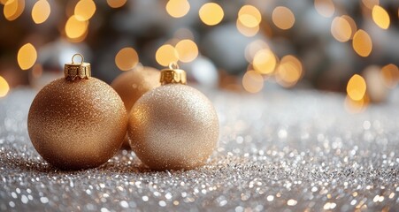 Gold and silver Christmas ornaments set against a shining surface and festive lights