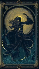 Set 12 Zodiac Project : Zodiac Virgo
blue and gold cyberpunk neon tarot card design of the girl dancing and golden septum in dark robes, representing power