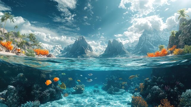 Split ocean scene, one half with tropical fish, the other with alien sea creatures, 3D illustration