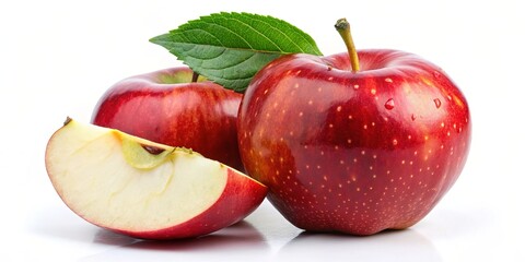 Fresh red apple with green leaf and a slice isolated on white background
