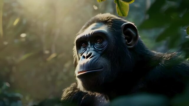 Video Recreation of a hominid looking in the jungle