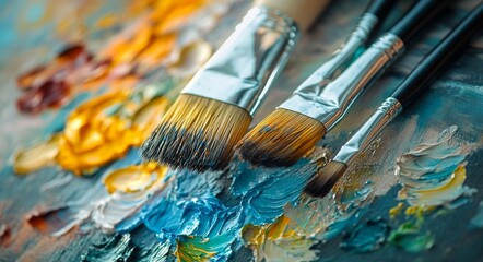 Obraz premium Vibrant paint palette with brushes set against a colorful backdrop of textured oil paints