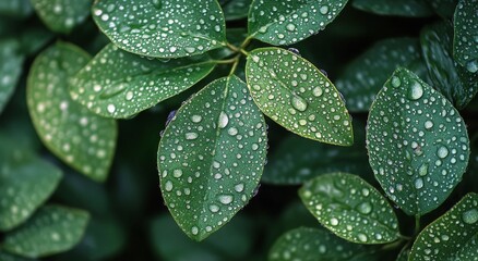 Fototapeta premium Close-up of fresh green leaves adorned with water droplets after a gentle rain in a forest setting