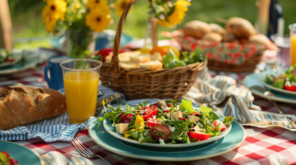 A close-up shot of a picnic table set with colorful plates, fresh salads, and a basket of bread.