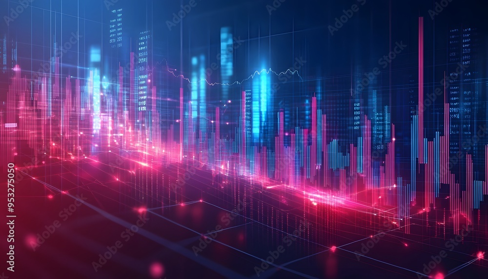 Poster abstract digital data visualization with glowing bars and lines