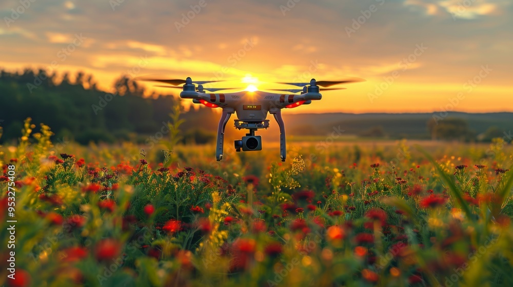 Poster capture the precision of a drone conducting agricultural surveys, mapping crop health and soil condi