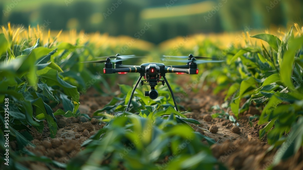 Poster capture the precision of a drone conducting precision agriculture operations in industrial farming, 