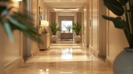 Fototapeta premium perspective shot from the corner, highlighting the symmetrical balance of the hallway's design elements