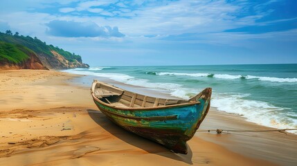 Fototapeta premium A weathered wooden boat sits on a sandy beach with blue sky, clouds, and ocean waves in the background.