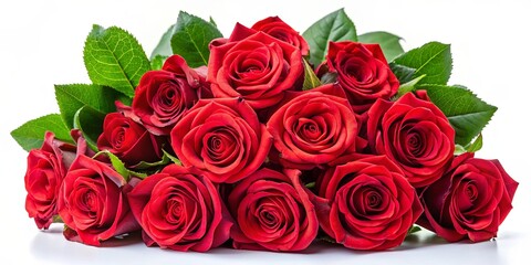 Fototapeta premium Beautiful bouquet of vibrant red roses with green leaves on a white background